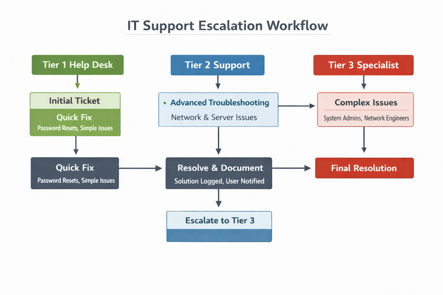 IT support escalation workflow used as a visual anchor for operational planning and support readiness