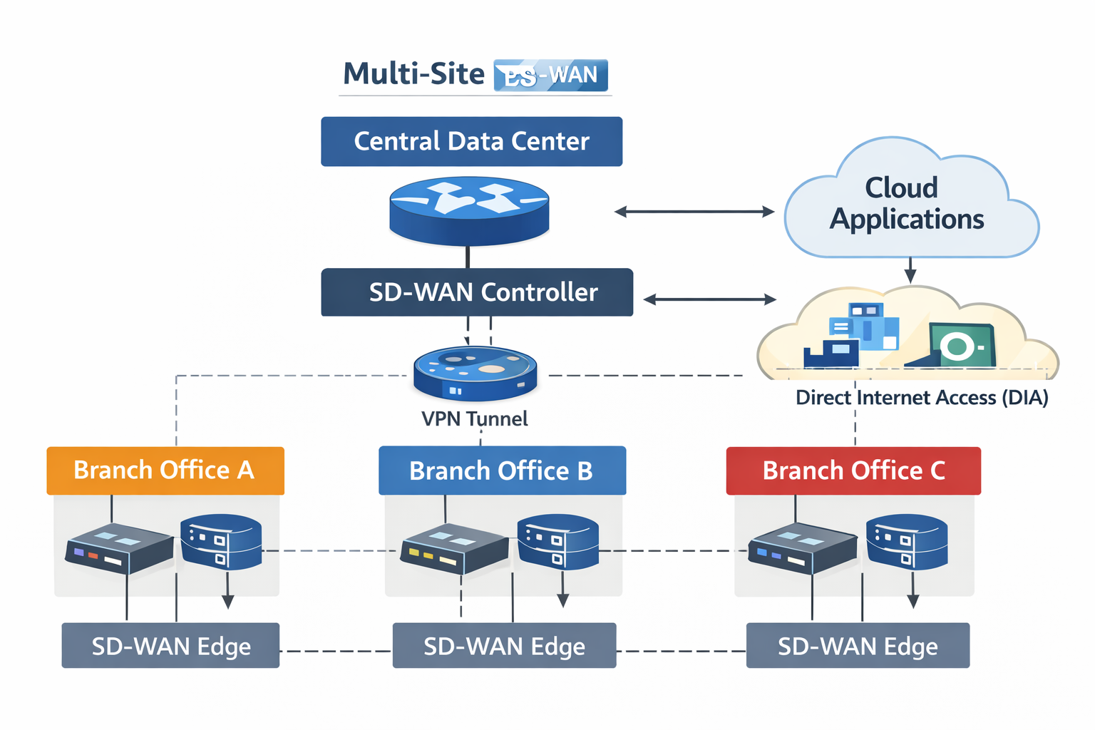 Diagram showing a multi-site SD-WAN architecture connecting a central data center, cloud applications, and branch offices